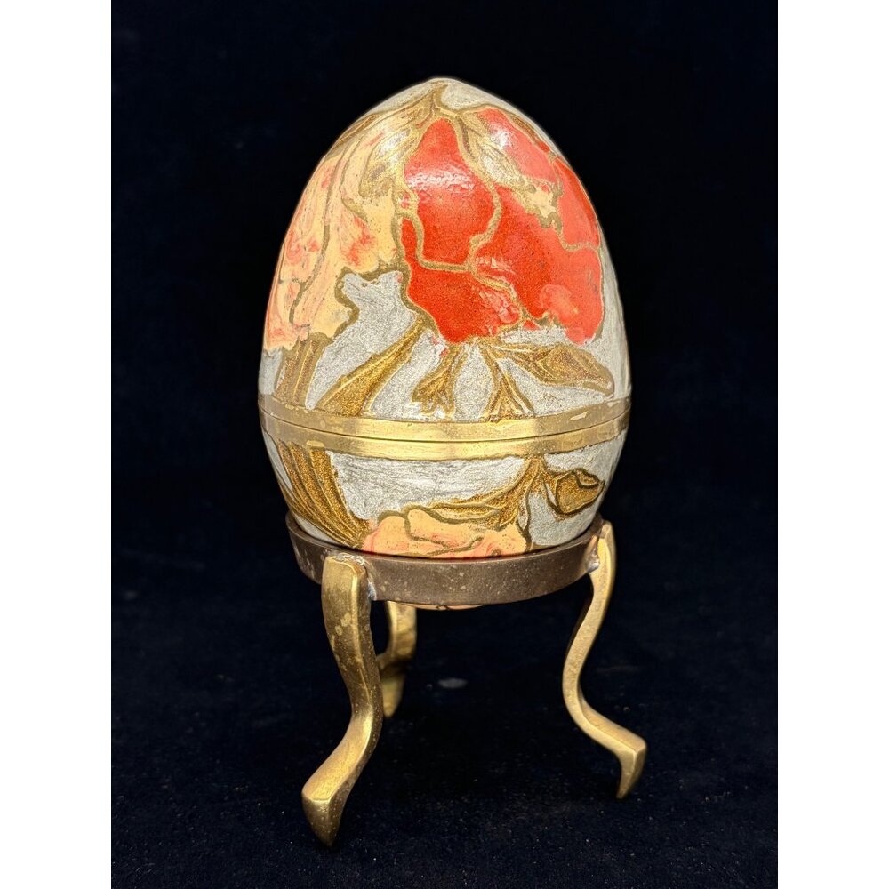 Vintage Cloisonne Brass Enamel Egg Trinket Box Floral w/ Stand 1960s Decorative